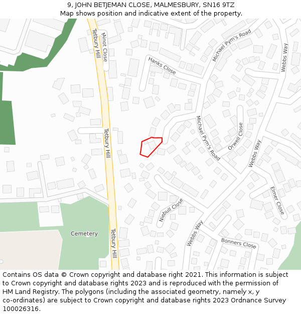 9, JOHN BETJEMAN CLOSE, MALMESBURY, SN16 9TZ: Location map and indicative extent of plot