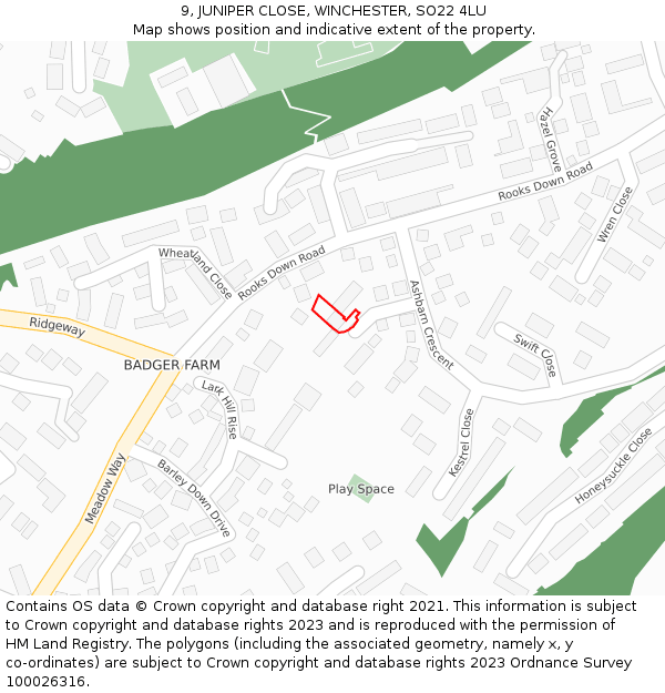 9, JUNIPER CLOSE, WINCHESTER, SO22 4LU: Location map and indicative extent of plot