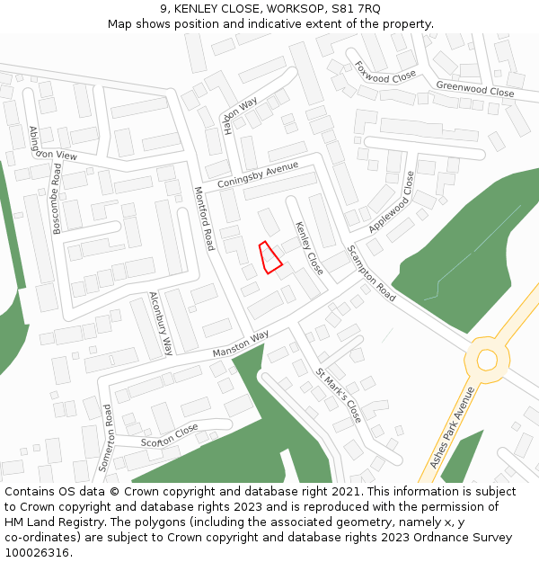 9, KENLEY CLOSE, WORKSOP, S81 7RQ: Location map and indicative extent of plot