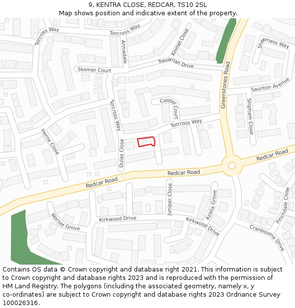 9, KENTRA CLOSE, REDCAR, TS10 2SL: Location map and indicative extent of plot