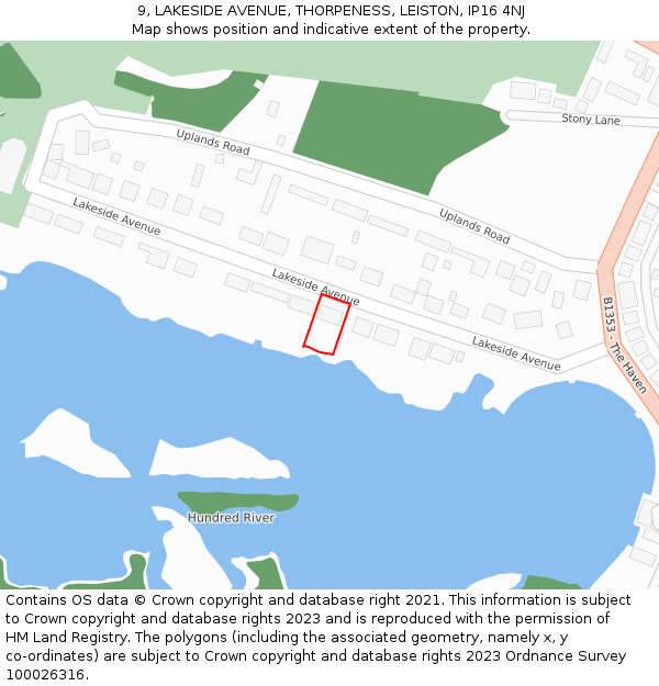 9, LAKESIDE AVENUE, THORPENESS, LEISTON, IP16 4NJ: Location map and indicative extent of plot