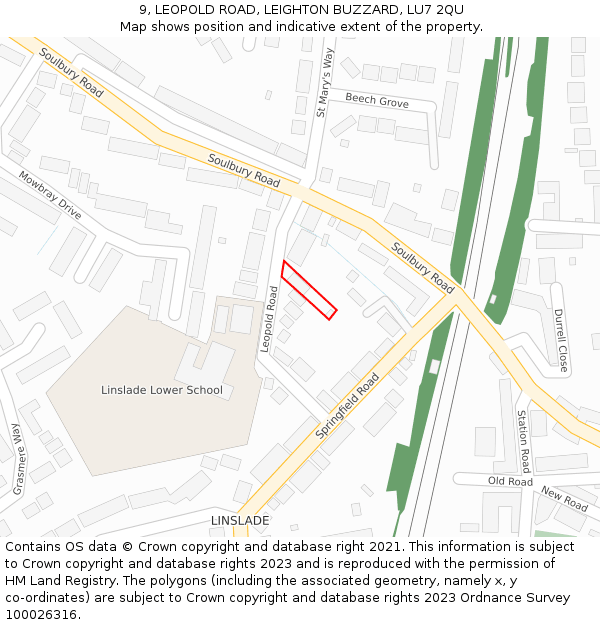 9, LEOPOLD ROAD, LEIGHTON BUZZARD, LU7 2QU: Location map and indicative extent of plot