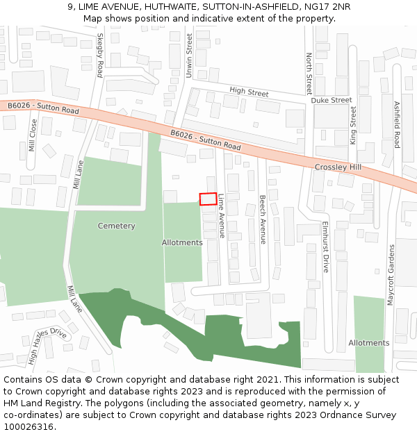 9, LIME AVENUE, HUTHWAITE, SUTTON-IN-ASHFIELD, NG17 2NR: Location map and indicative extent of plot