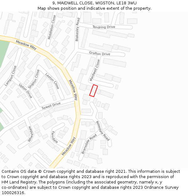 9, MAIDWELL CLOSE, WIGSTON, LE18 3WU: Location map and indicative extent of plot