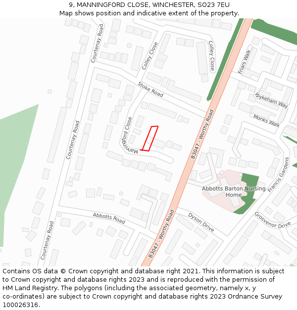 9, MANNINGFORD CLOSE, WINCHESTER, SO23 7EU: Location map and indicative extent of plot