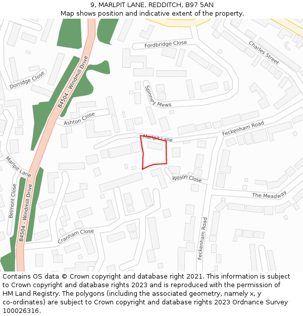 9, MARLPIT LANE, REDDITCH, B97 5AN: Location map and indicative extent of plot