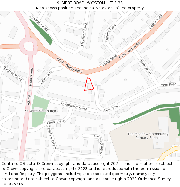 9, MERE ROAD, WIGSTON, LE18 3RJ: Location map and indicative extent of plot