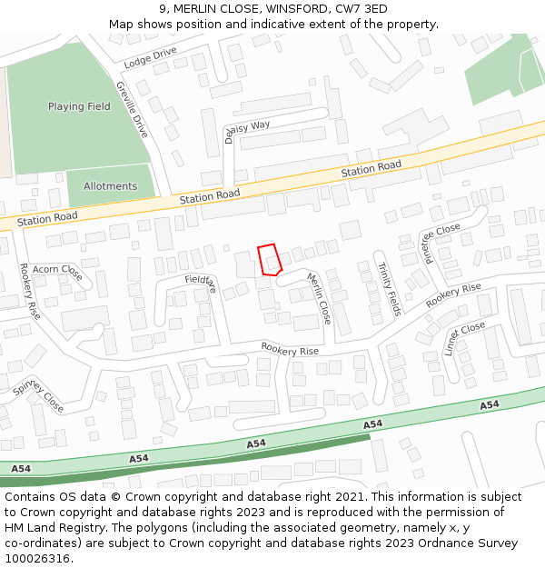 9, MERLIN CLOSE, WINSFORD, CW7 3ED: Location map and indicative extent of plot