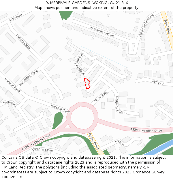 9, MERRIVALE GARDENS, WOKING, GU21 3LX: Location map and indicative extent of plot