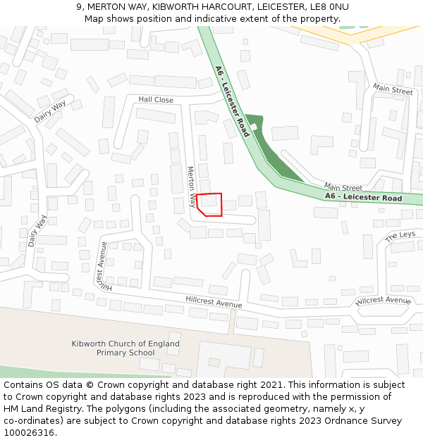 9, MERTON WAY, KIBWORTH HARCOURT, LEICESTER, LE8 0NU: Location map and indicative extent of plot