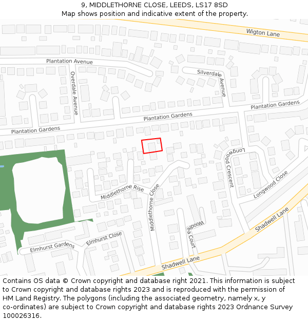 9, MIDDLETHORNE CLOSE, LEEDS, LS17 8SD: Location map and indicative extent of plot