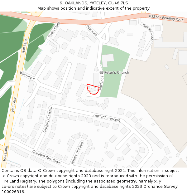 9, OAKLANDS, YATELEY, GU46 7LS: Location map and indicative extent of plot