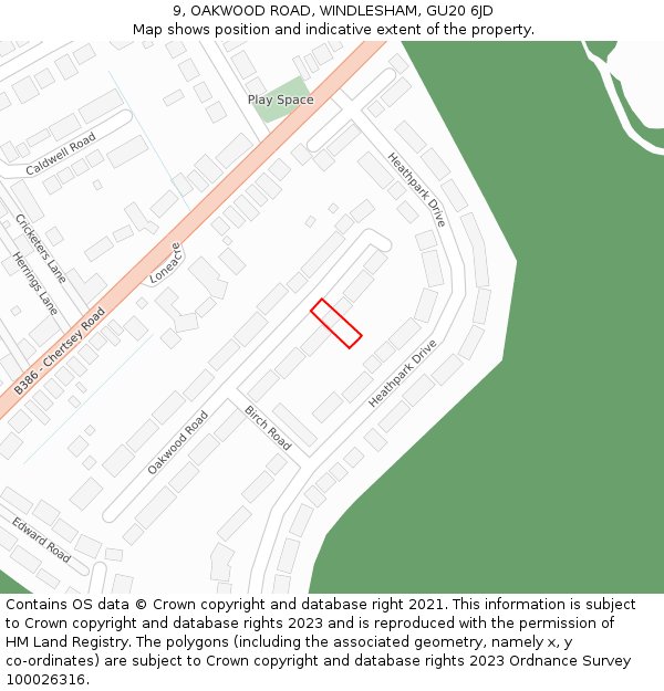 9, OAKWOOD ROAD, WINDLESHAM, GU20 6JD: Location map and indicative extent of plot