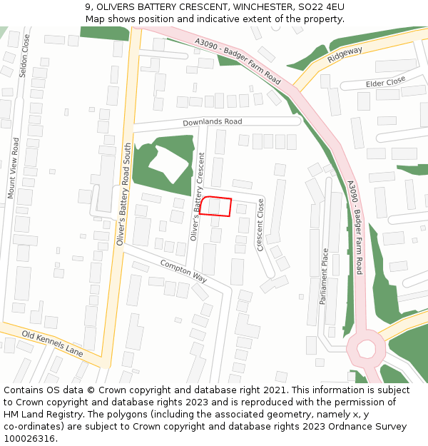 9, OLIVERS BATTERY CRESCENT, WINCHESTER, SO22 4EU: Location map and indicative extent of plot