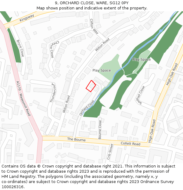 9, ORCHARD CLOSE, WARE, SG12 0PY: Location map and indicative extent of plot