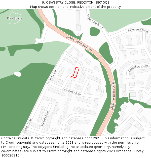 9, OSWESTRY CLOSE, REDDITCH, B97 5QE: Location map and indicative extent of plot