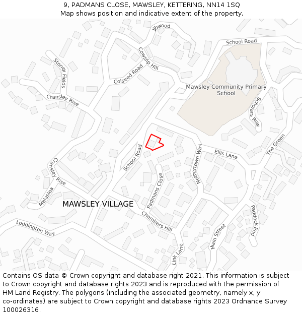 9, PADMANS CLOSE, MAWSLEY, KETTERING, NN14 1SQ: Location map and indicative extent of plot