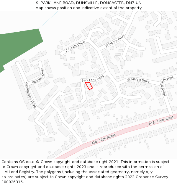 9, PARK LANE ROAD, DUNSVILLE, DONCASTER, DN7 4JN: Location map and indicative extent of plot