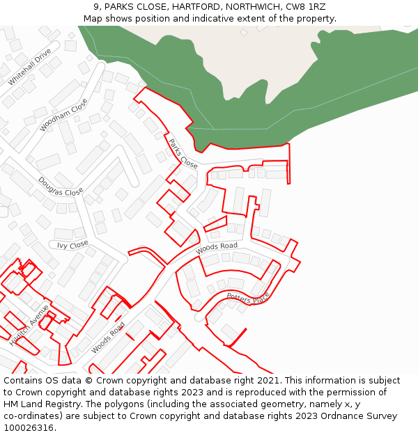 9, PARKS CLOSE, HARTFORD, NORTHWICH, CW8 1RZ: Location map and indicative extent of plot