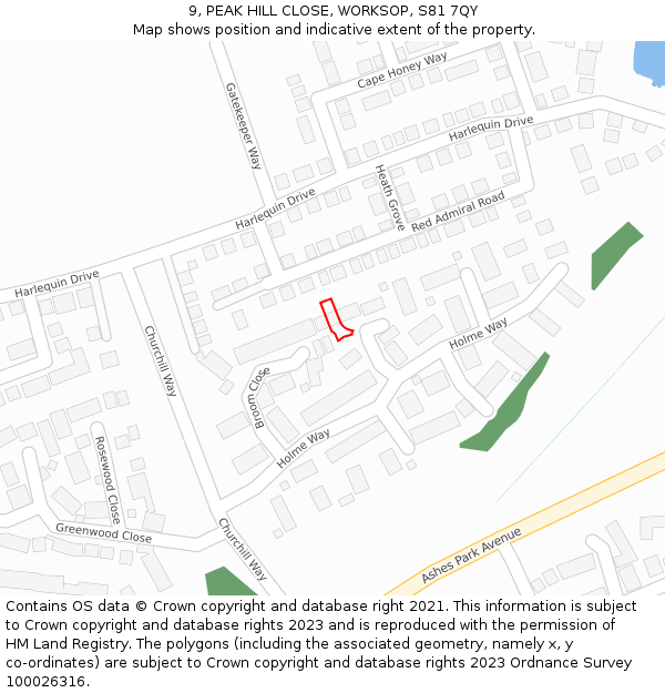 9, PEAK HILL CLOSE, WORKSOP, S81 7QY: Location map and indicative extent of plot