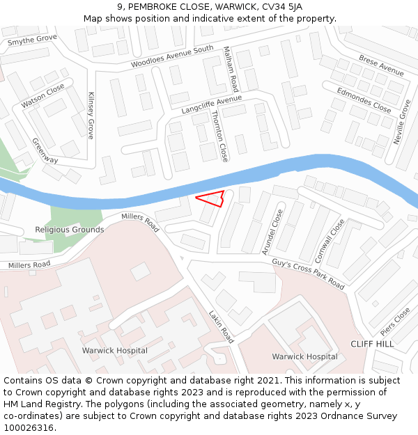 9, PEMBROKE CLOSE, WARWICK, CV34 5JA: Location map and indicative extent of plot