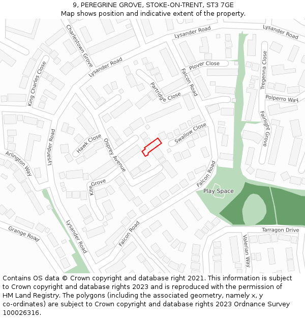 9, PEREGRINE GROVE, STOKE-ON-TRENT, ST3 7GE: Location map and indicative extent of plot