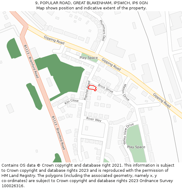 9, POPULAR ROAD, GREAT BLAKENHAM, IPSWICH, IP6 0GN: Location map and indicative extent of plot