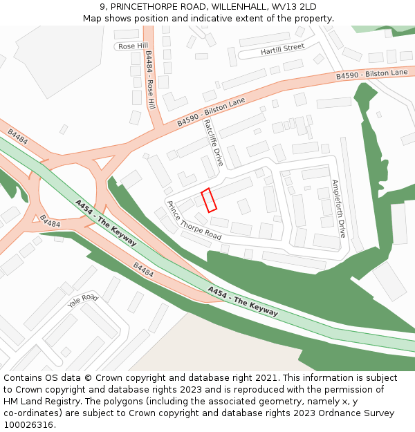9, PRINCETHORPE ROAD, WILLENHALL, WV13 2LD: Location map and indicative extent of plot