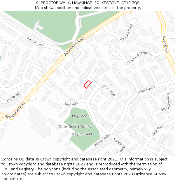 9, PROCTOR WALK, HAWKINGE, FOLKESTONE, CT18 7QS: Location map and indicative extent of plot