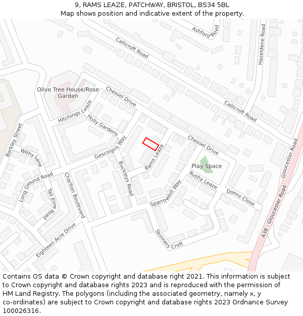 9, RAMS LEAZE, PATCHWAY, BRISTOL, BS34 5BL: Location map and indicative extent of plot