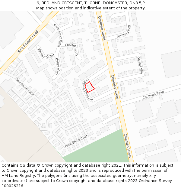 9, REDLAND CRESCENT, THORNE, DONCASTER, DN8 5JP: Location map and indicative extent of plot