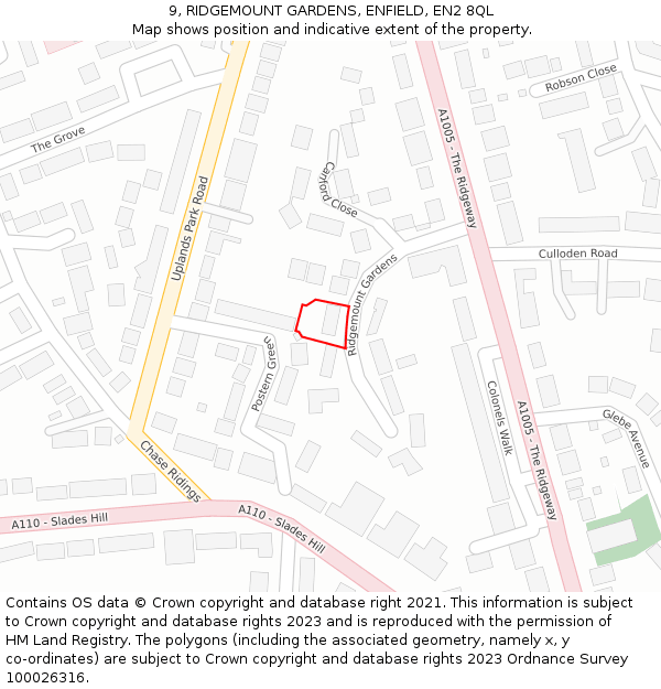 9, RIDGEMOUNT GARDENS, ENFIELD, EN2 8QL: Location map and indicative extent of plot