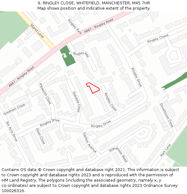 9, RINGLEY CLOSE, WHITEFIELD, MANCHESTER, M45 7HR: Location map and indicative extent of plot
