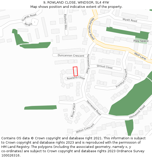 9, ROWLAND CLOSE, WINDSOR, SL4 4YW: Location map and indicative extent of plot