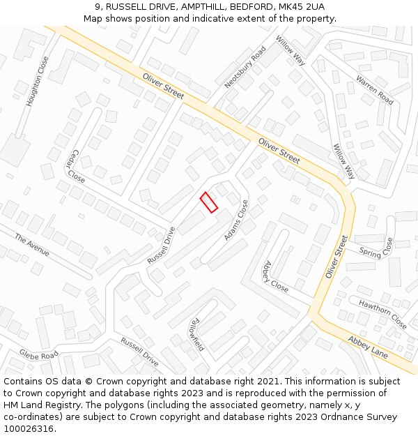 9, RUSSELL DRIVE, AMPTHILL, BEDFORD, MK45 2UA: Location map and indicative extent of plot