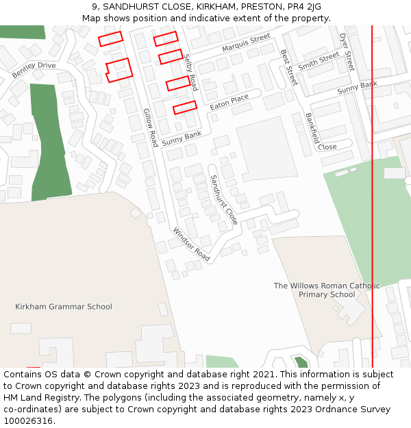 9, SANDHURST CLOSE, KIRKHAM, PRESTON, PR4 2JG: Location map and indicative extent of plot