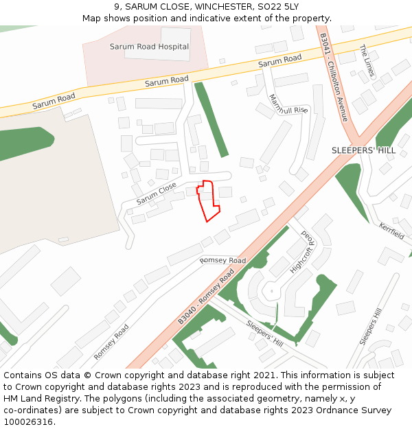 9, SARUM CLOSE, WINCHESTER, SO22 5LY: Location map and indicative extent of plot