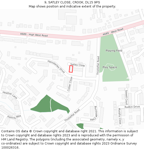 9, SATLEY CLOSE, CROOK, DL15 9PS: Location map and indicative extent of plot