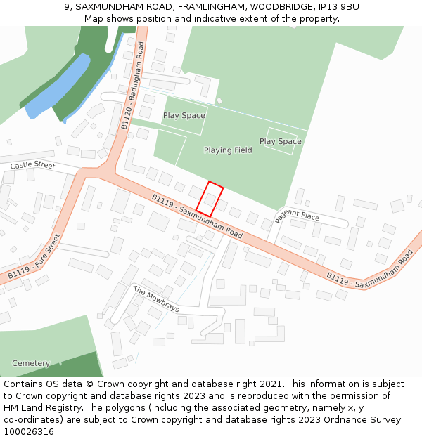 9, SAXMUNDHAM ROAD, FRAMLINGHAM, WOODBRIDGE, IP13 9BU: Location map and indicative extent of plot