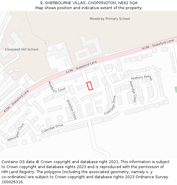 9, SHERBOURNE VILLAS, CHOPPINGTON, NE62 5QA: Location map and indicative extent of plot