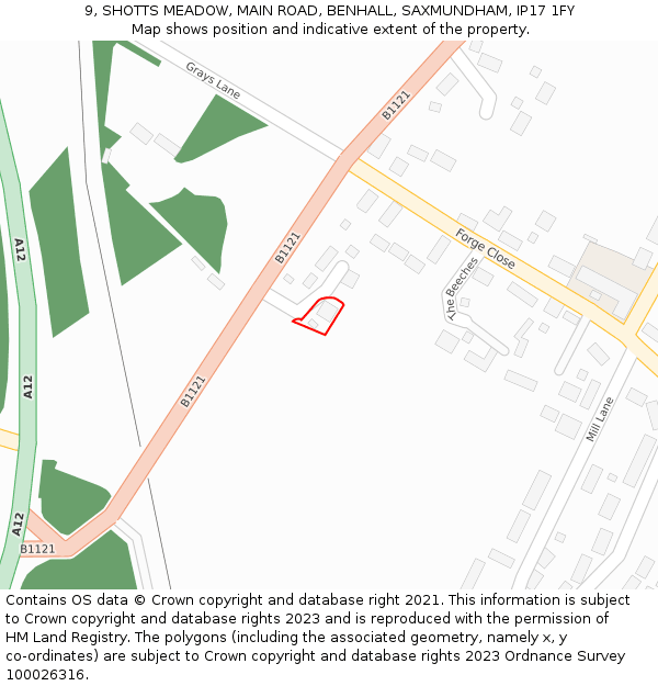 9, SHOTTS MEADOW, MAIN ROAD, BENHALL, SAXMUNDHAM, IP17 1FY: Location map and indicative extent of plot