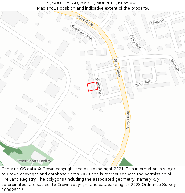 9, SOUTHMEAD, AMBLE, MORPETH, NE65 0WH: Location map and indicative extent of plot