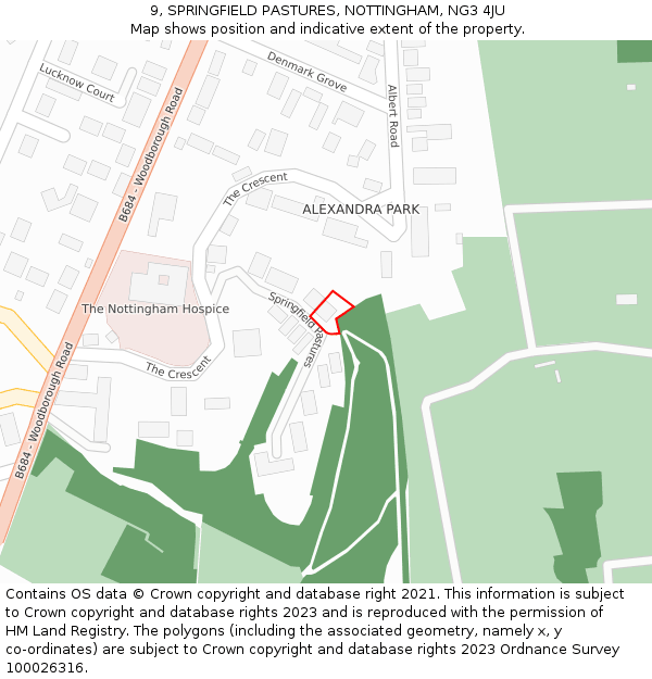 9, SPRINGFIELD PASTURES, NOTTINGHAM, NG3 4JU: Location map and indicative extent of plot