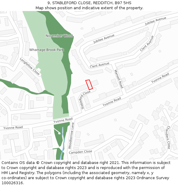 9, STABLEFORD CLOSE, REDDITCH, B97 5HS: Location map and indicative extent of plot