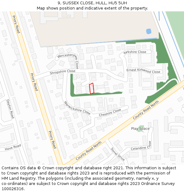 9, SUSSEX CLOSE, HULL, HU5 5UH: Location map and indicative extent of plot