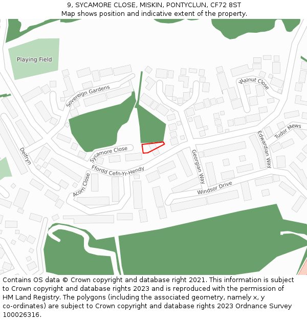 9, SYCAMORE CLOSE, MISKIN, PONTYCLUN, CF72 8ST: Location map and indicative extent of plot