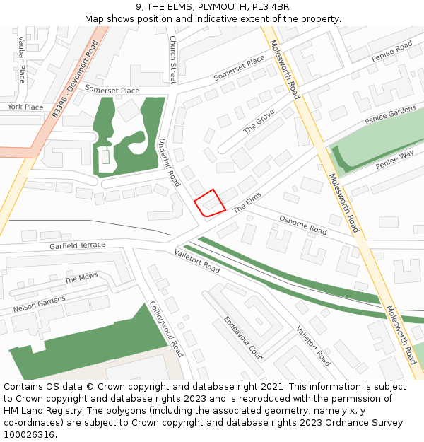 9, THE ELMS, PLYMOUTH, PL3 4BR: Location map and indicative extent of plot