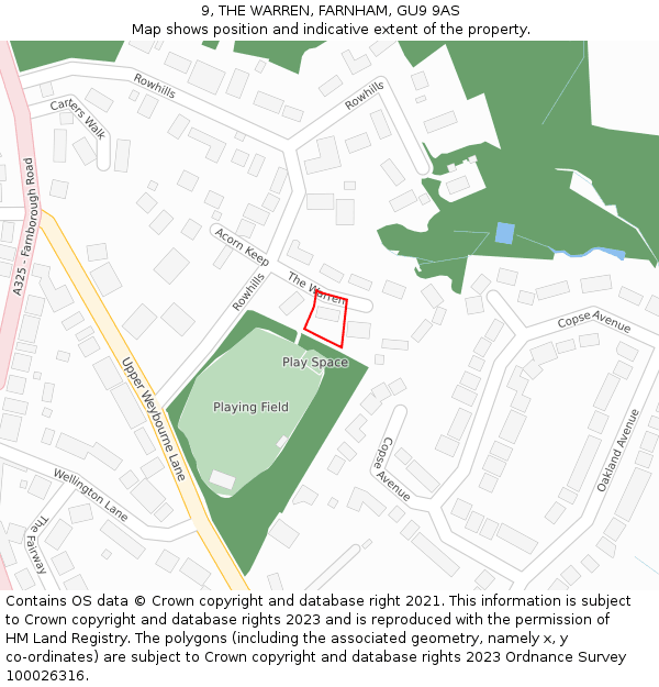 9, THE WARREN, FARNHAM, GU9 9AS: Location map and indicative extent of plot