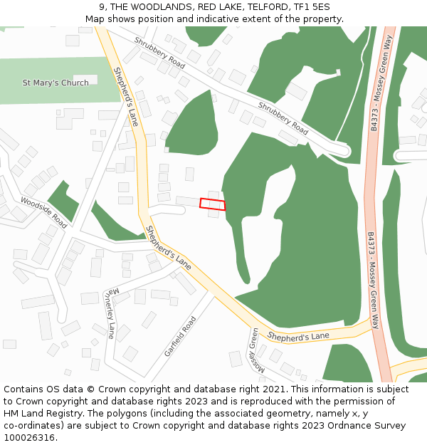 9, THE WOODLANDS, RED LAKE, TELFORD, TF1 5ES: Location map and indicative extent of plot