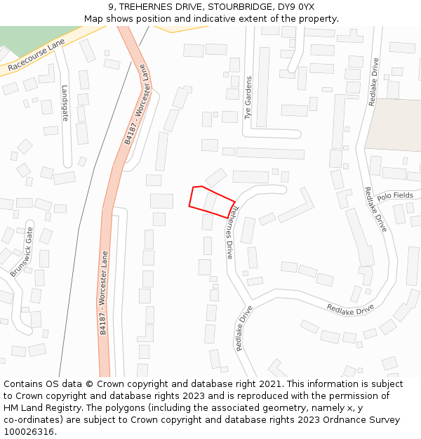 9, TREHERNES DRIVE, STOURBRIDGE, DY9 0YX: Location map and indicative extent of plot